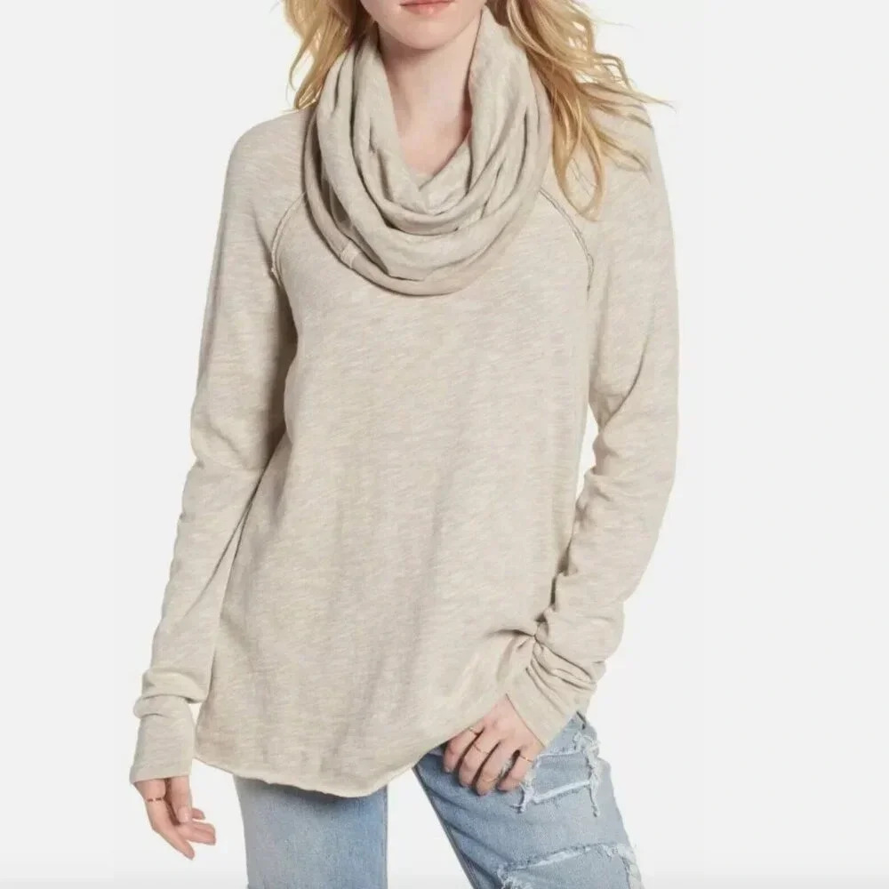 Free People Beach Cocoon Tunic Top Shirt Cowl Neck Long Sleeve Beige Tan OS